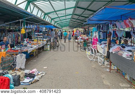 Novi Sad, Serbia - June 2, 2018: People Shopping At Indoor Hall Flea Market In Novi Sad, Serbia.