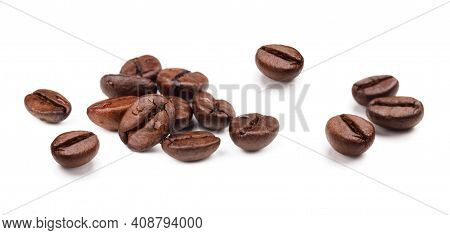 Coffee Cup. Hot And Fresh Morning Coffee. Coffee Beans Background. Brown Roasted Coffee Beans. Close