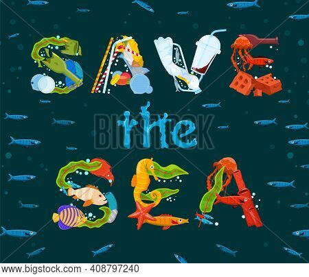 Save The Ocean. Different Waste Polluting The Sea And Beach. Horizontal Poster. Polluted Waters. Thr