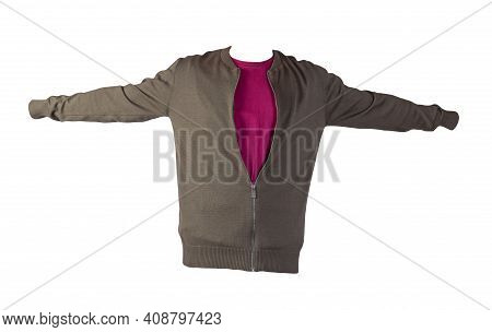 Men's Dark Gren Knitten Bomber Jacket And Black Burgundy Isolated On A White Background. Fashionable