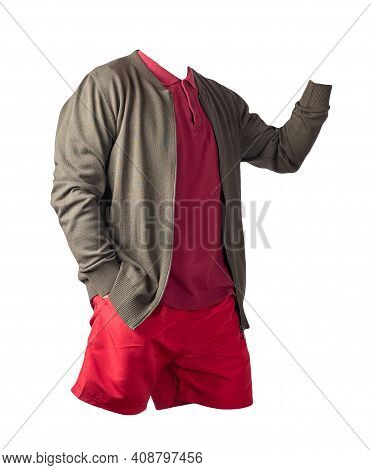 Men's  Dark Green Knitten Bomber Jacket, Dark Red Shirt And Red Sports Shorts Isolated On White Back