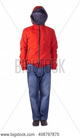Dark Blue Jeans, Black Leather Shoes,red Jacket With A Hood Isolated On White Background. Casual Sty