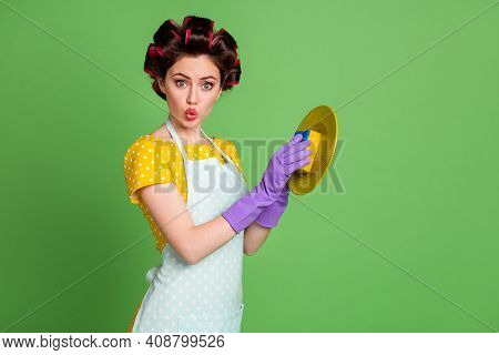 Photo Of Amazed Cute Girl Wash Plate Sponger Violet Latex Gloves Impressed Wear Hair Rollers Vintage