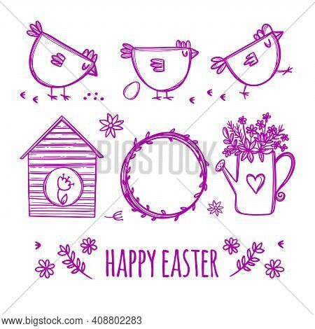 Easter Sketch Of The Spring Holiday With Cute Chickens And Flowers In Red Color On A White Backgroun