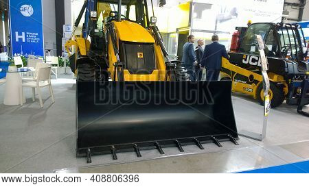 St. Petersburg, Russia - October 1, 2019: Wheel Excavator Loader Jcb At Innovative Industrial Exhibi