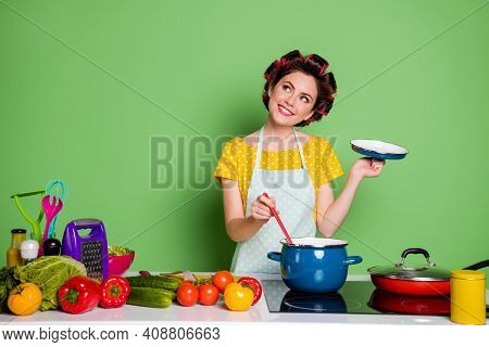 Portrait Of Her She Nice Attractive Mature Glamorous Cheerful Dreamy Housewife Cooking Domestic Meal