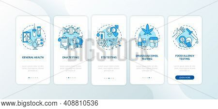 Top Testing Categories Onboarding Mobile App Page Screen With Concepts. General Health, Std Test Wal