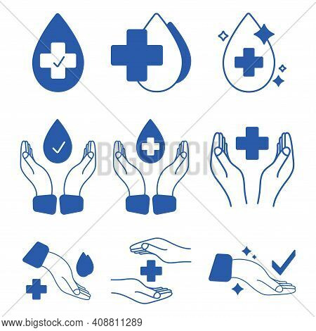 Hand With Water Drop And Medical Cross. Medically Approved Labels. Clinically Tested Insignia Stamp.