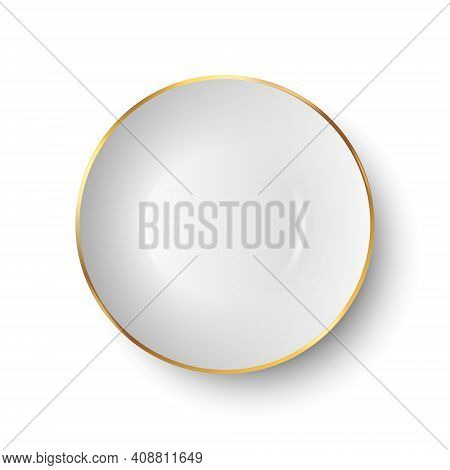 Vector 3d Realistic White Empty Porcelain, Ceramic Plate With Golden Border Icon Closeup Isolated On