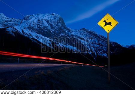 Caution Deer Or Wildlife Sign In The Mountains At Night In Kananaksis, Alberta, Canada