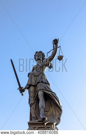 Justitia (lady Justice) Skulptur At The Roemerberg  In Frankfurt, Built In 1887.