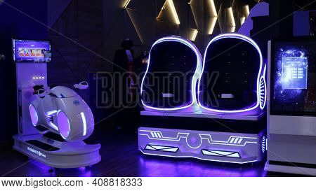 Maykop, Adygea Republic, Russia - February 15, 2021: Dark Playroom With Technological Attractions An