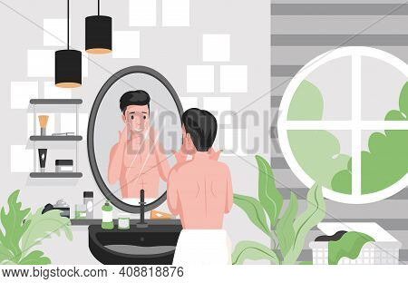 Man Shaving, Cleansing Face In Bathroom Vector Flat Illustration. Male Character Using Creams For Fa