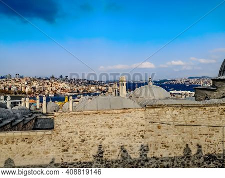 Top View Of The Domes Of Ibn Haldun University Suleymaniye Campus And Karakoy District In Istanbul (