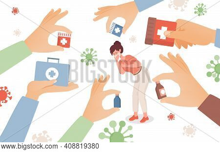 Woman Getting Sick And Sneezing, Hands Holding Boxes And Bottles With Pills Vector Flat Illustration
