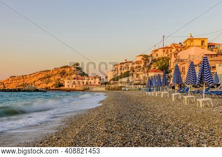 Kokkari Beach Is A Picturesque Beach In Kokkari Village, Beautiful Sunset View, Samos Island, Greece