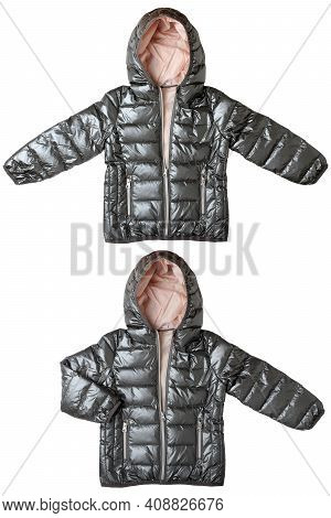 Down Jacket For Children. Stylish, Silver Gray, Warm Winter Jacket With Hood For Kids, Isolated On A