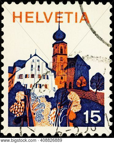 Moscow, Russia - February 15, 2021: Stamp Printed In Switzerland Shows Werthenstein (luzern), Munici