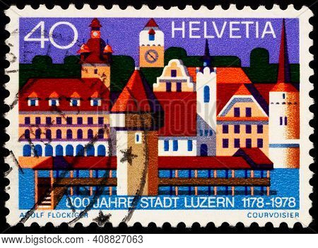 Moscow, Russia - February 17, 2021: Stamp Printed In Switzerland Shows Architecture And Landmarks Of