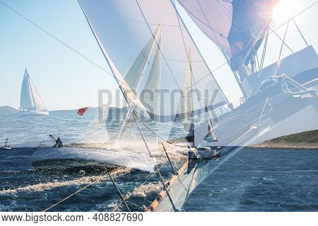 Yachting Double Exposure. Sailing In The Wind Through The Waves, Yachts At Sailing Regatta. Multi Ex