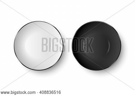 Vector 3d Realistic White And Black Empty Porcelain, Ceramic Plate Icon Closeup Isolated On White Ba