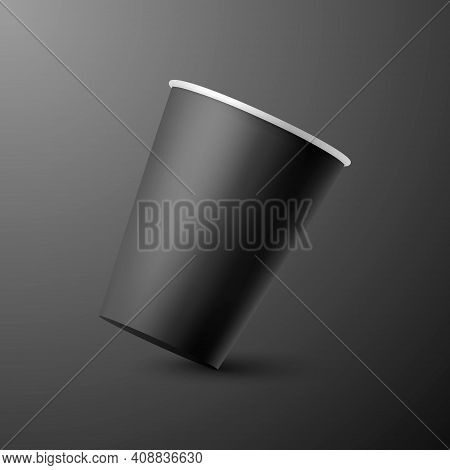 Vector 3d Realistic Paper Black Disposable Falling Coffee Or Tea Cup Closeup Isolated On Black Backg