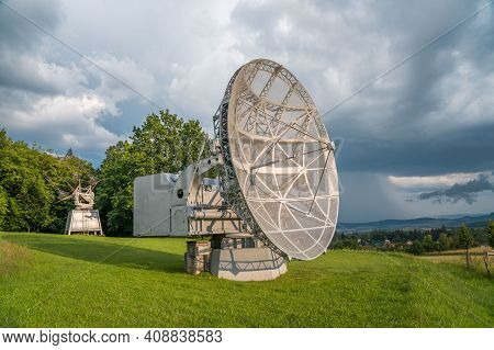 Satellite Dish In A Summer Landscape, Radiotelescope For Deep Space Research. Ondrejov Observatory, 