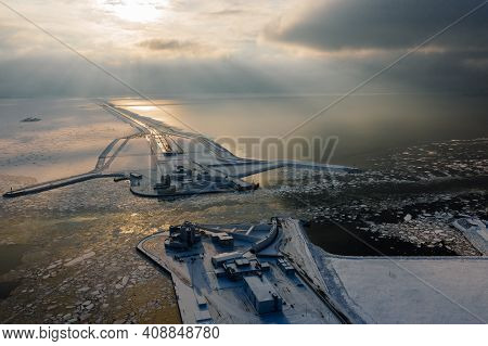 Panoramic Aerial View Of The Complex Of Protective Structures Of St. Petersburg Against Floods. Navi