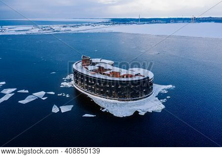 Aerial View Of Fort Alexander The First In Kronstadt. Winter Is Plague. Defensive Structures In The