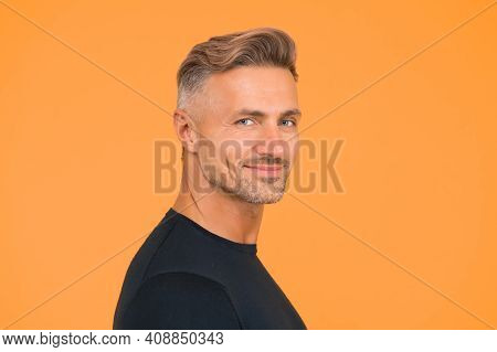 Handsome Unshaven Man. Mature Macho Man Yellow Background. Male Hairstyle Fashion. Skin Facial Care.
