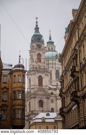 Mostecka Street With A View Of The Church Of Saint Nicholas, Old Town With Historical Buildings, Sno