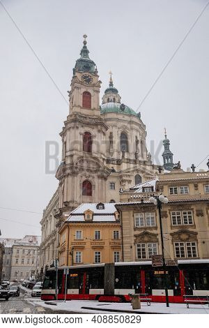 Mostecka Street With A View Of The Church Of Saint Nicholas, Old Town With Historical Buildings, Sno