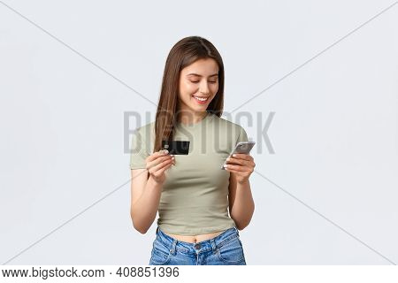 Online Shopping, Home Lifestyle And People Concept. Smiling Attrctive Woman Purchase Items In Intern