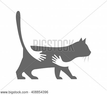 Human Hands Embracing Or Holding Cat Silhouette Vector Flat Illustration Isolated On White Backgroun