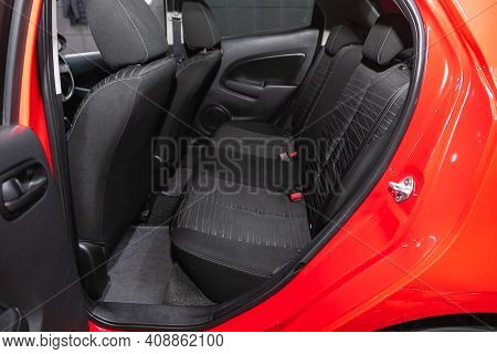 Novosibirsk, Russia - February 18 2021: Mazda Demio, New Car Inside. Clean Car Interior.