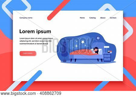 Woman Sleeping In Her Bedroom. Peaceful Person Resting In Bed With Stars In Cloud Bubble. Flat Vecto