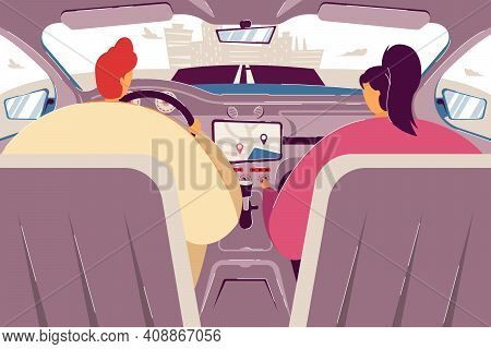 Driver And Passenger Using Navigation App Inside Car. Backseat View Of Couple Driving And Riding Veh