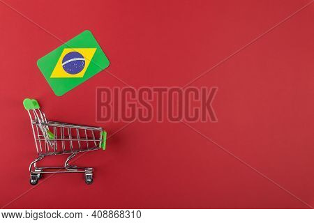 Mini Empty Supermarket Shopping Grocery Cart, Brazilia Flag On Red Background