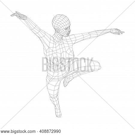 Wireframe Ballerina Or Dancer In Dance Pose. Vector 3d Rendering