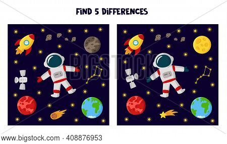 Find 5 Differences Between Pictures. Space Themed Worksheet For Kids.