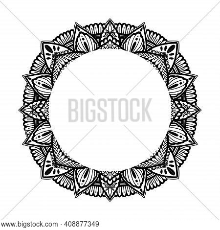 Graphic Frame Round Traditional Mandala Abstract Isolated In White Background.boho Indian Shape.ethn