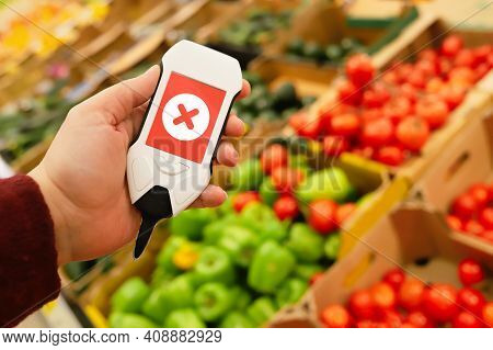 Use Nitrate Tester In Market To Buy Organic Vegetables And Fruits. Inspection Of Farm Products To Hi