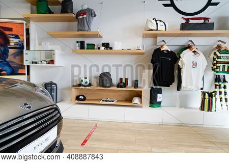Bordeaux , Aquitaine France - 02 16 2021 : Mini Cooper Car Showroom Of Dealership With Accessories C