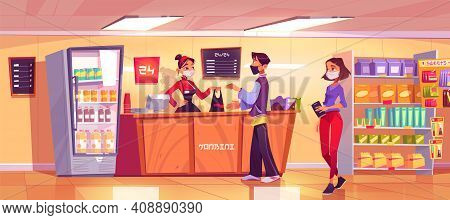 Konbini, Convenience Store With Woman Seller At Counter And People In Queue. Vector Cartoon Interior