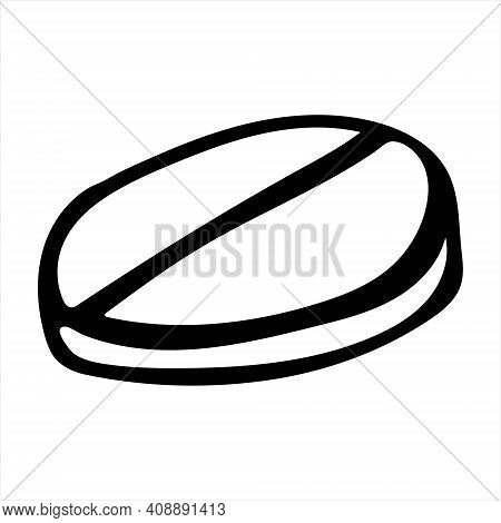Round Pill, Isolated Hand Drawn Illustration In Black And White