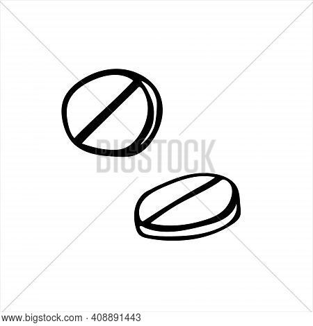 Round Pills, Isolated Hand Drawn Illustration In Black And White