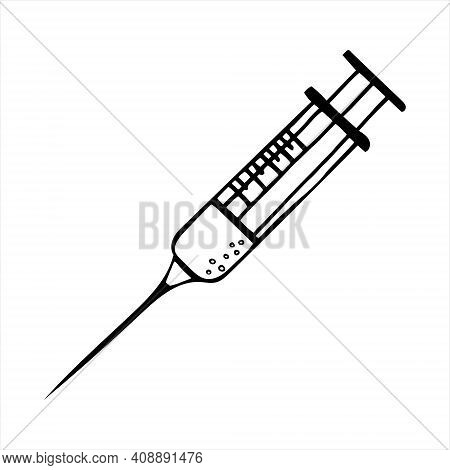 Syringe, Isolated Simple Hand Drawn Illustration In Black And White
