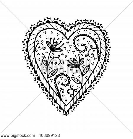 Saint Valentine Greeting Card, Hand Drawn Vector Black And White Heart