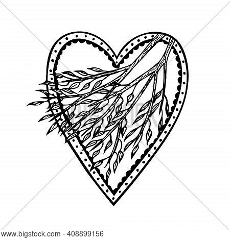 Saint Valentine Greeting Card, Hand Drawn Vector Black And White Heart