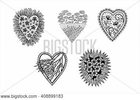 Set Of Saint Valentine Greeting Cards, Hand Drawn Vector Black And White Decorated Hearts